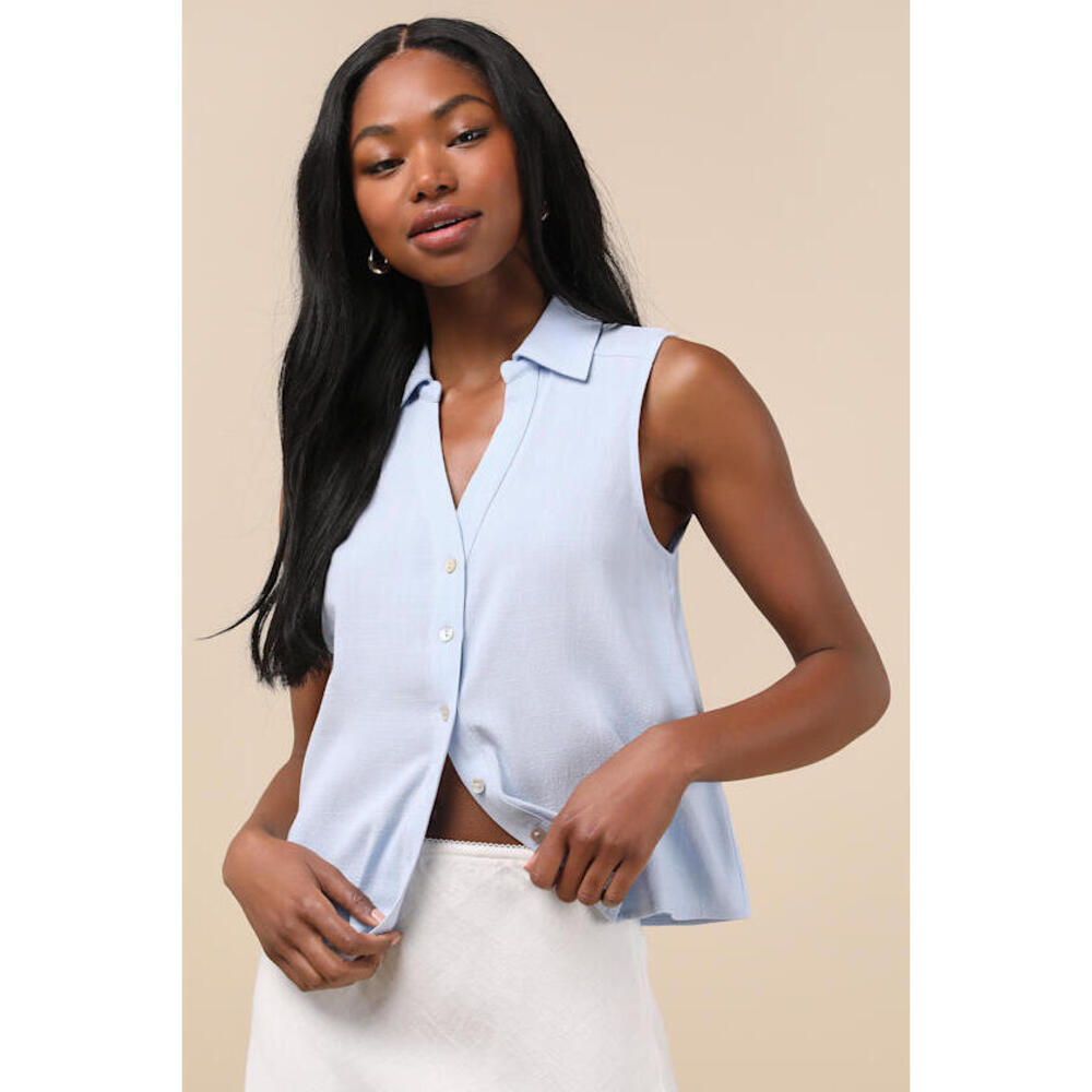Lulus Casual Contentment Light Blue Linen Button-up Collared Tank Top - Size M